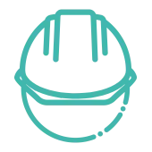 Simple teal line drawing of a construction hard hat on a black background.